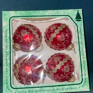 Christmas Ornaments by Krebs. 4 Red Crown Ornaments in box